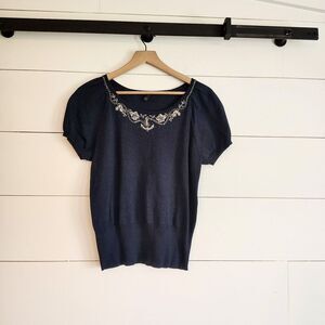 ESCADA Navy Short Sleeve Beaded Sweater Top Women’s 38 Old New Mature Preppy 8